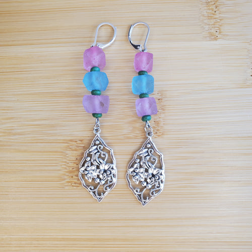 Pink, Lavender & Blue Recycled Sea Glass Dangle Earrings | Mamabug ReCreations - Artisan Jewelry