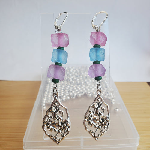 Pink, Lavender & Blue Recycled Sea Glass Dangle Earrings | Mamabug ReCreations - Artisan Jewelry