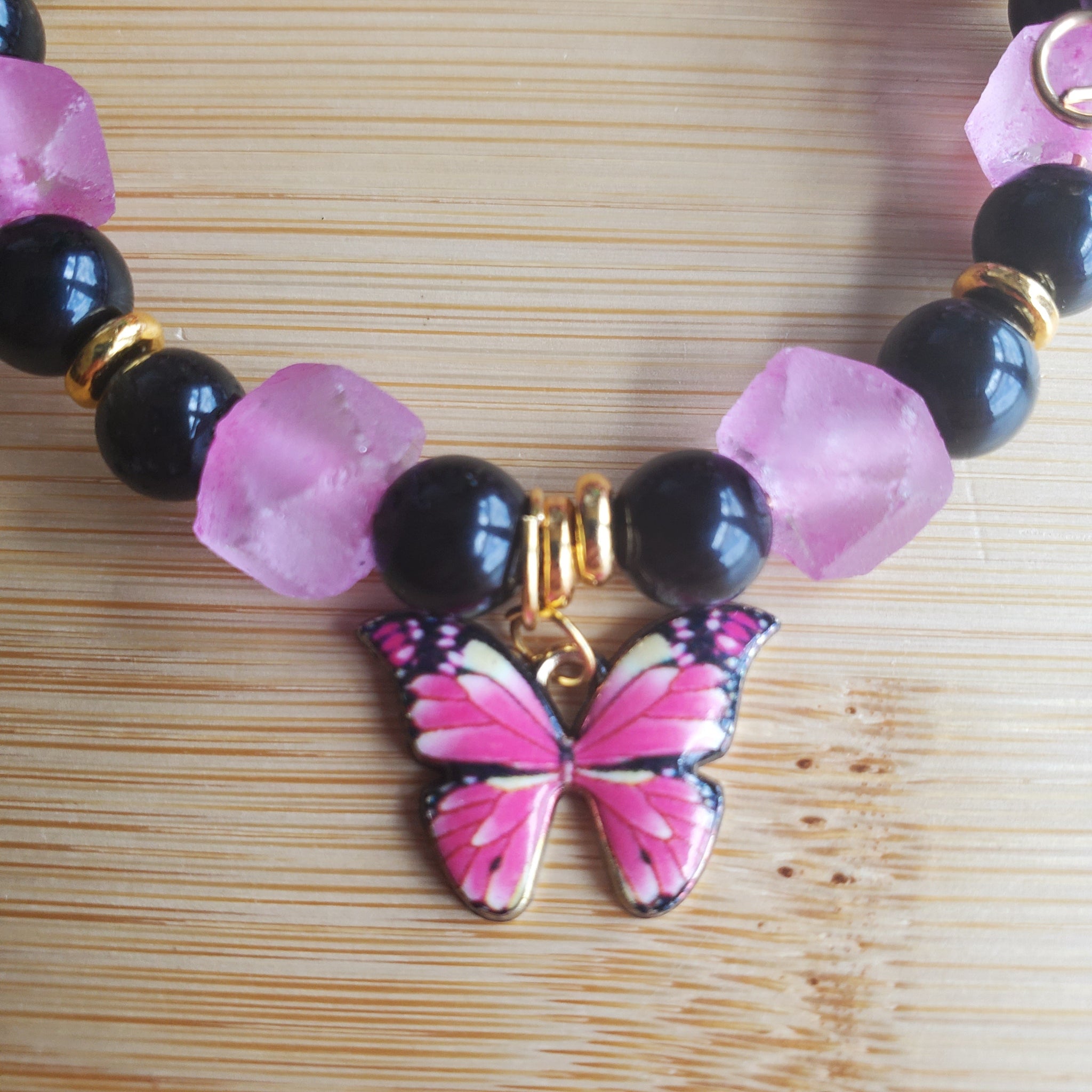Pink Java Sea Glass & Obsidian Butterfly Charm Bracelet (MW) | Mamabug ReCreations - Artisan Jewelry