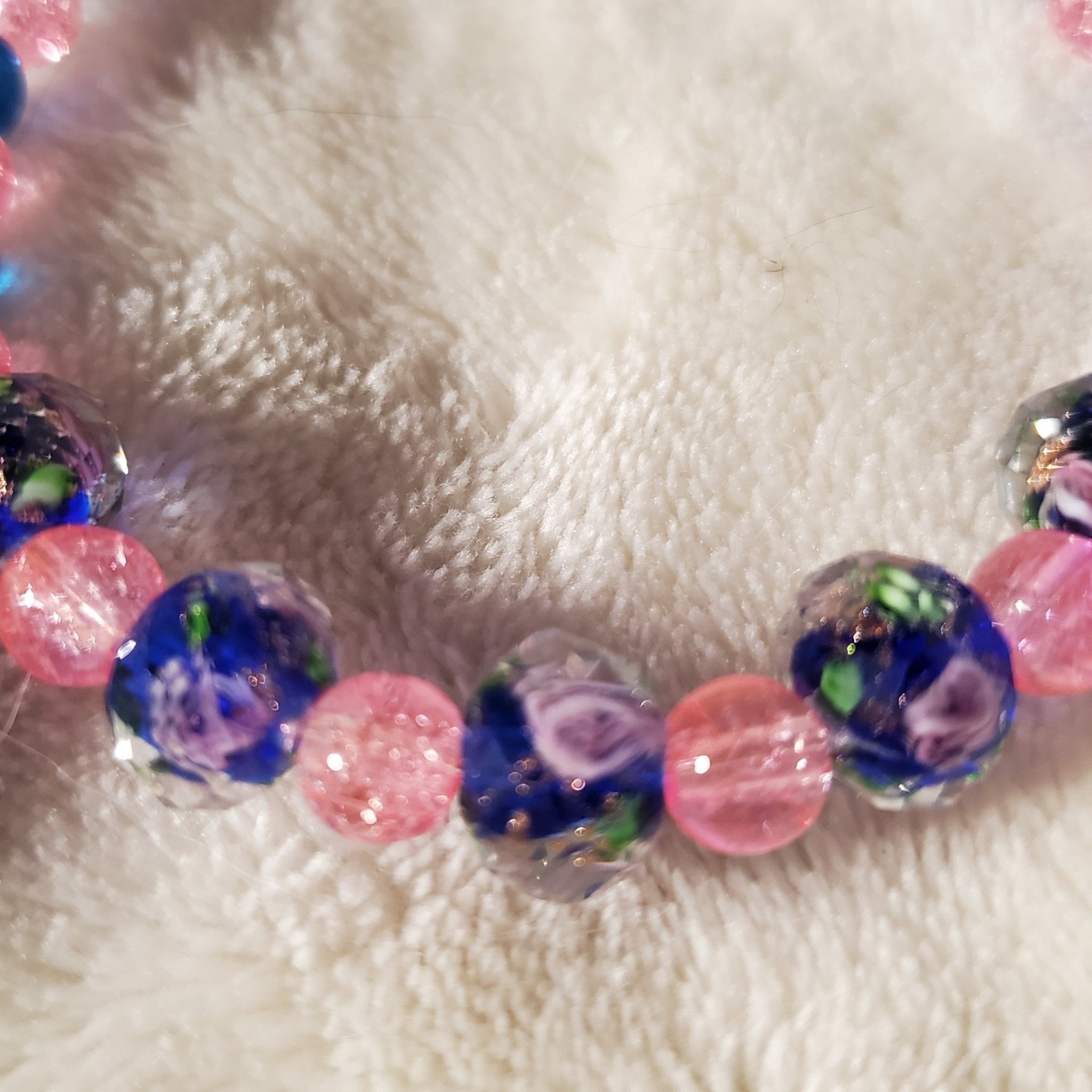 Pink Flowers Bracelet - Dark Blue Edition (MW) | Mamabug ReCreations - Artisan Jewelry