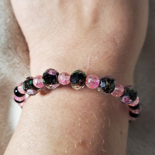 Pink Flowers Bracelet - Black Edition (MW) | Mamabug ReCreations - Artisan Jewelry