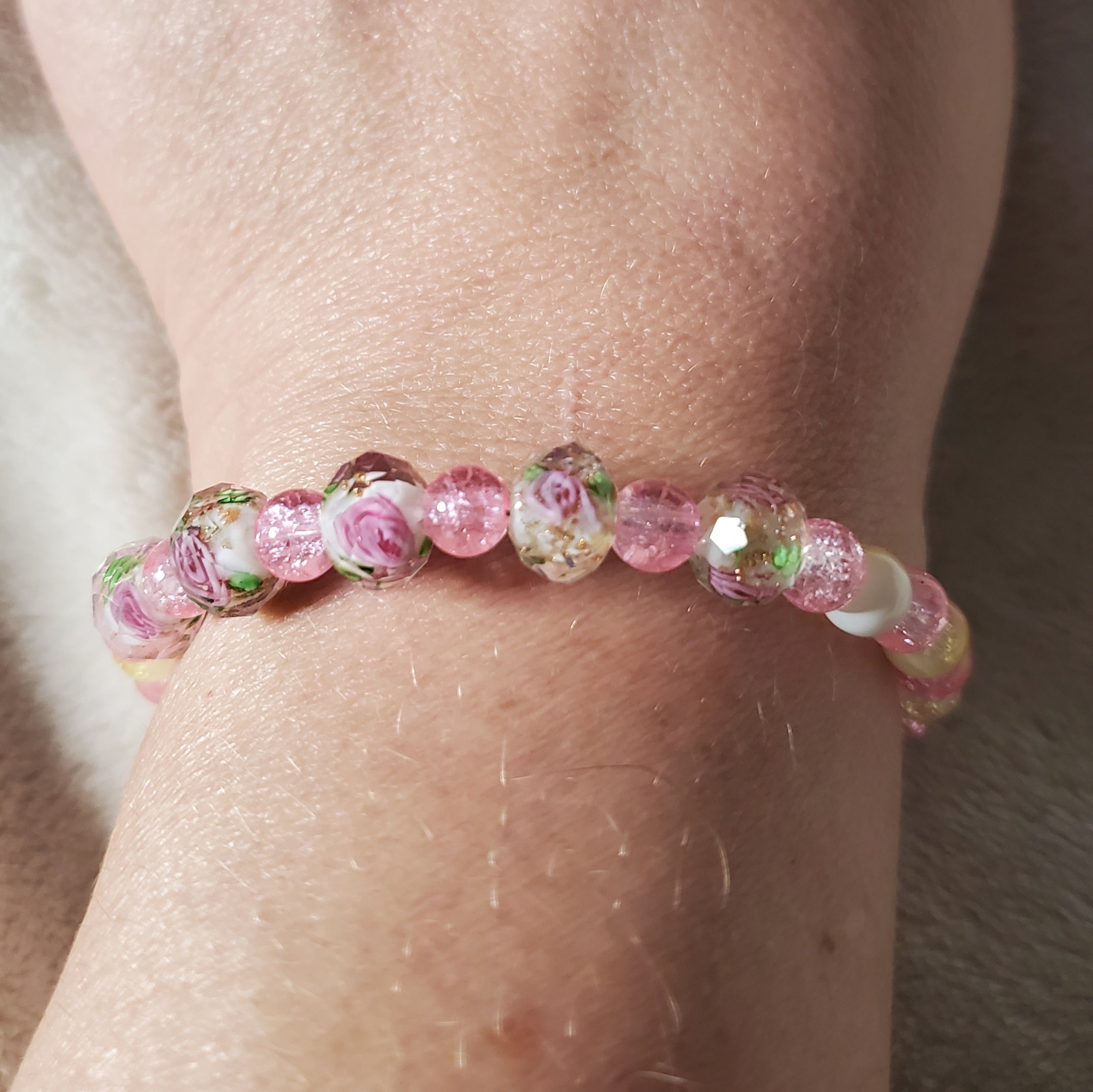 Pink Flowers Bracelet - White Edition (MW) | Mamabug ReCreations - Artisan Jewelry