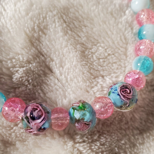 Pink Flowers Bracelet - Light Blue Edition (MW) | Mamabug ReCreations - Artisan Jewelry
