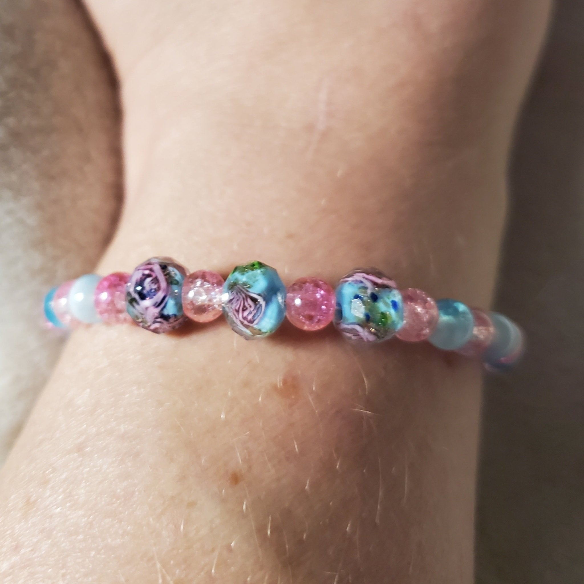 Pink Flowers Bracelet - Light Blue Edition (MW) | Mamabug ReCreations - Artisan Jewelry