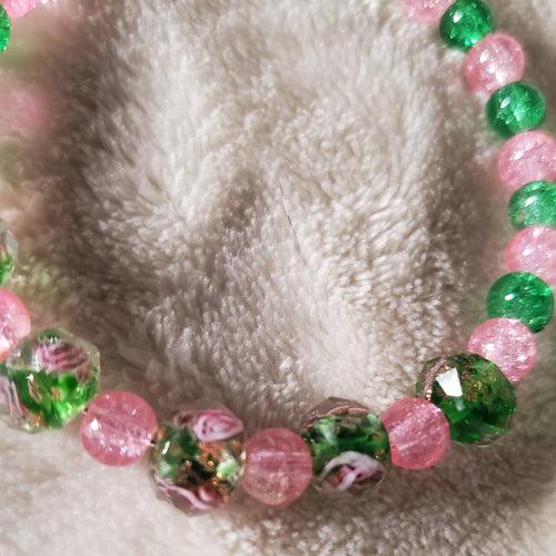 Pink Flowers Bracelet - Green Edition (MW) | Mamabug ReCreations - Artisan Jewelry