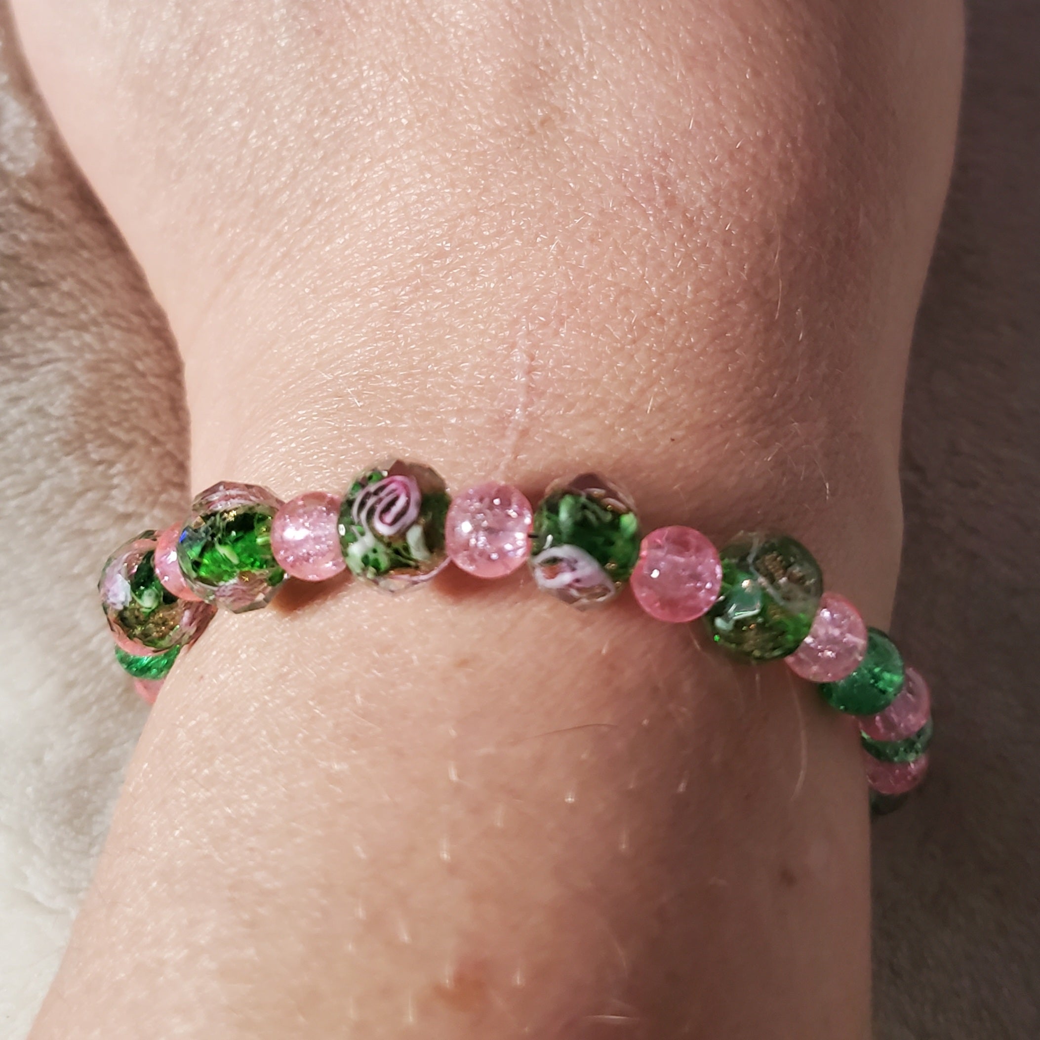 Pink Flowers Bracelet - Green Edition (MW) | Mamabug ReCreations - Artisan Jewelry