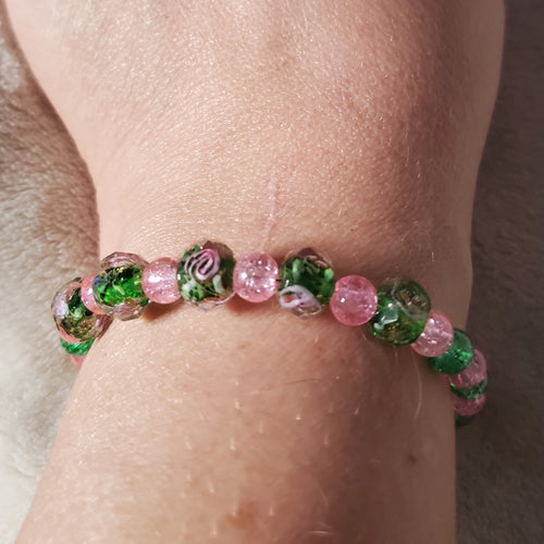 Pink Flowers Bracelet - Green Edition (MW) | Mamabug ReCreations - Artisan Jewelry