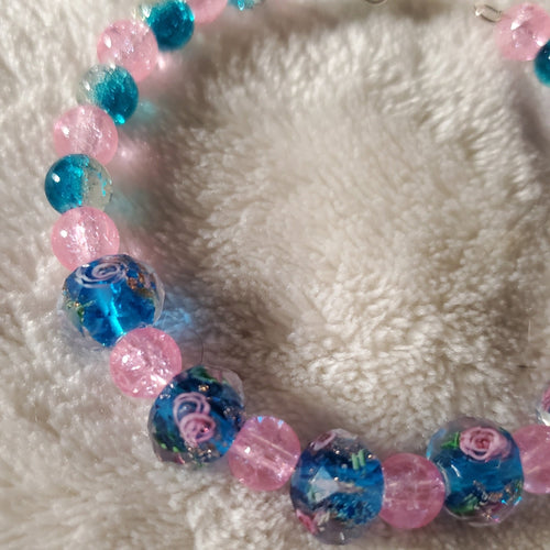 Pink Flowers Bracelet - Blue Edition (MW) | Mamabug ReCreations - Artisan Jewelry