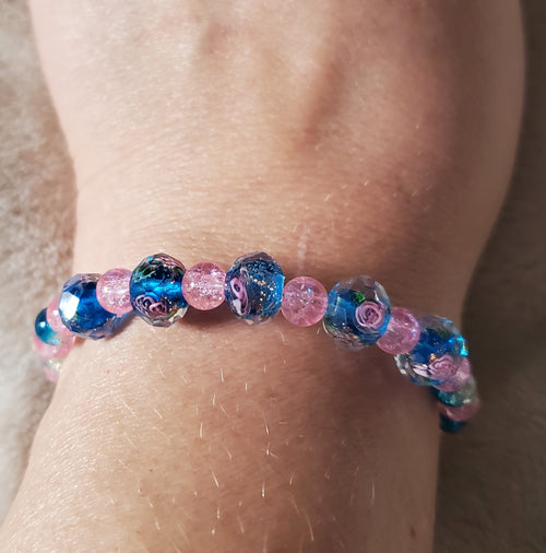 Pink Flowers Bracelet - Blue Edition (MW) | Mamabug ReCreations - Artisan Jewelry