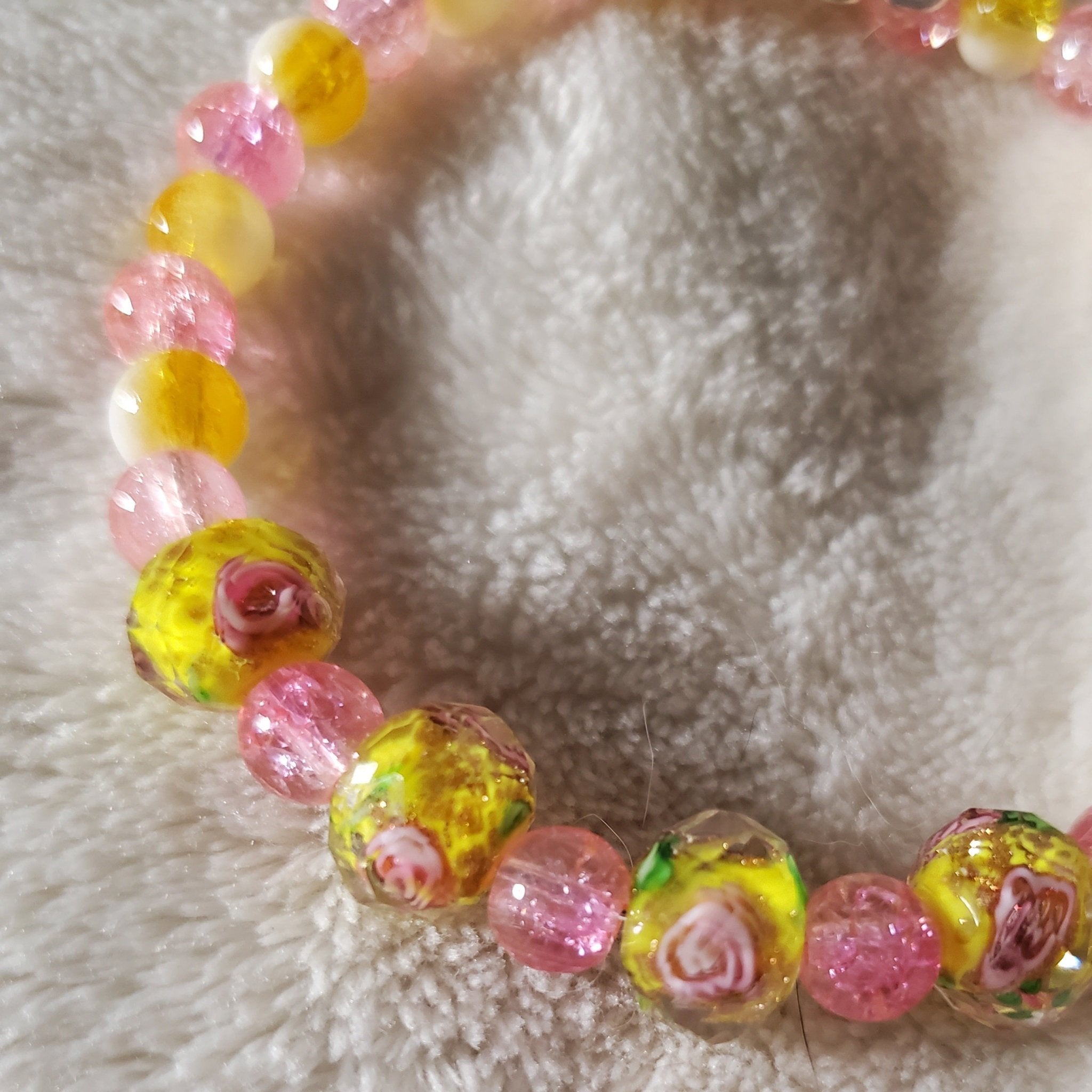 Pink Flowers Bracelet - Yellow Edition (MW) | Mamabug ReCreations - Artisan Jewelry