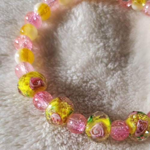 Pink Flowers Bracelet - Yellow Edition (MW) | Mamabug ReCreations - Artisan Jewelry