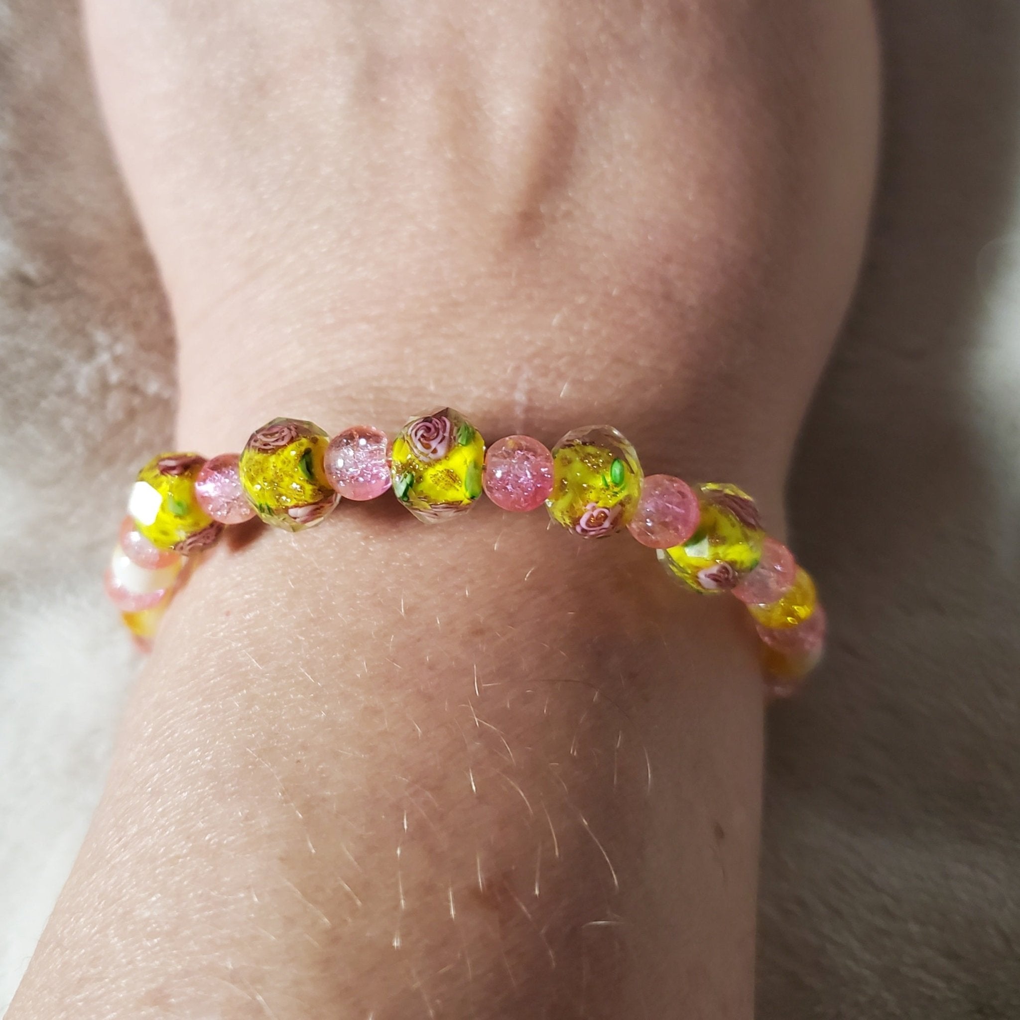 Pink Flowers Bracelet - Yellow Edition (MW) | Mamabug ReCreations - Artisan Jewelry