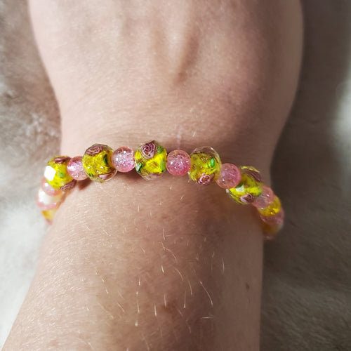 Pink Flowers Bracelet - Yellow Edition (MW) | Mamabug ReCreations - Artisan Jewelry