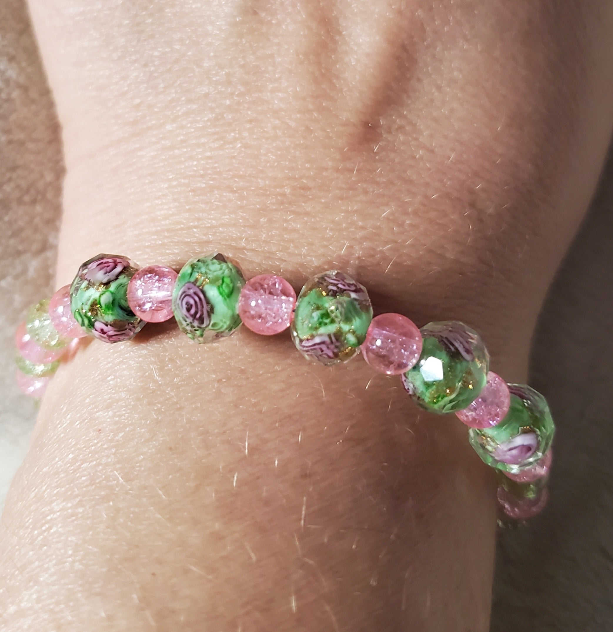 Pink Flowers Bracelet - Light Green Edition (MW) | Mamabug ReCreations - Artisan Jewelry