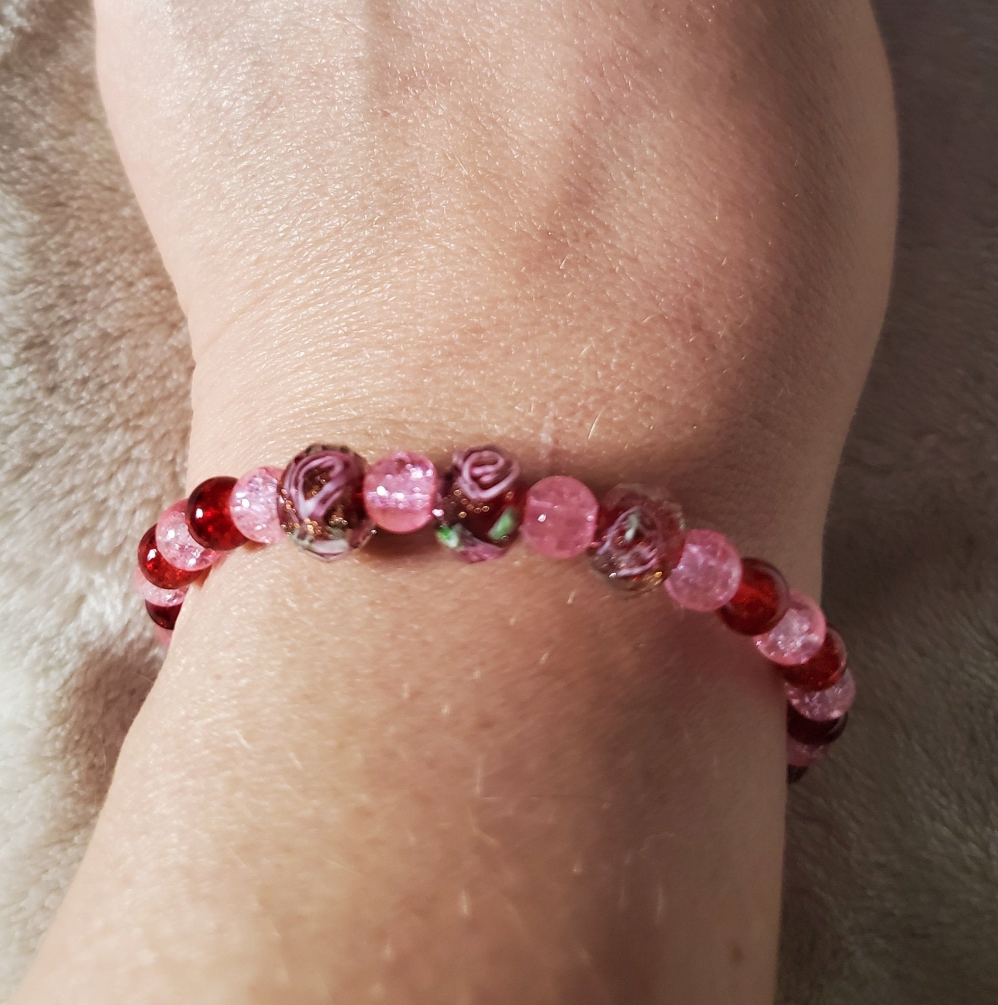 Pink Flowers Bracelet - Red Edition (MW) | Mamabug ReCreations - Artisan Jewelry