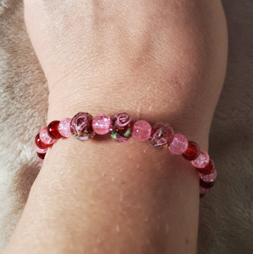 Pink Flowers Bracelet - Red Edition (MW) | Mamabug ReCreations - Artisan Jewelry