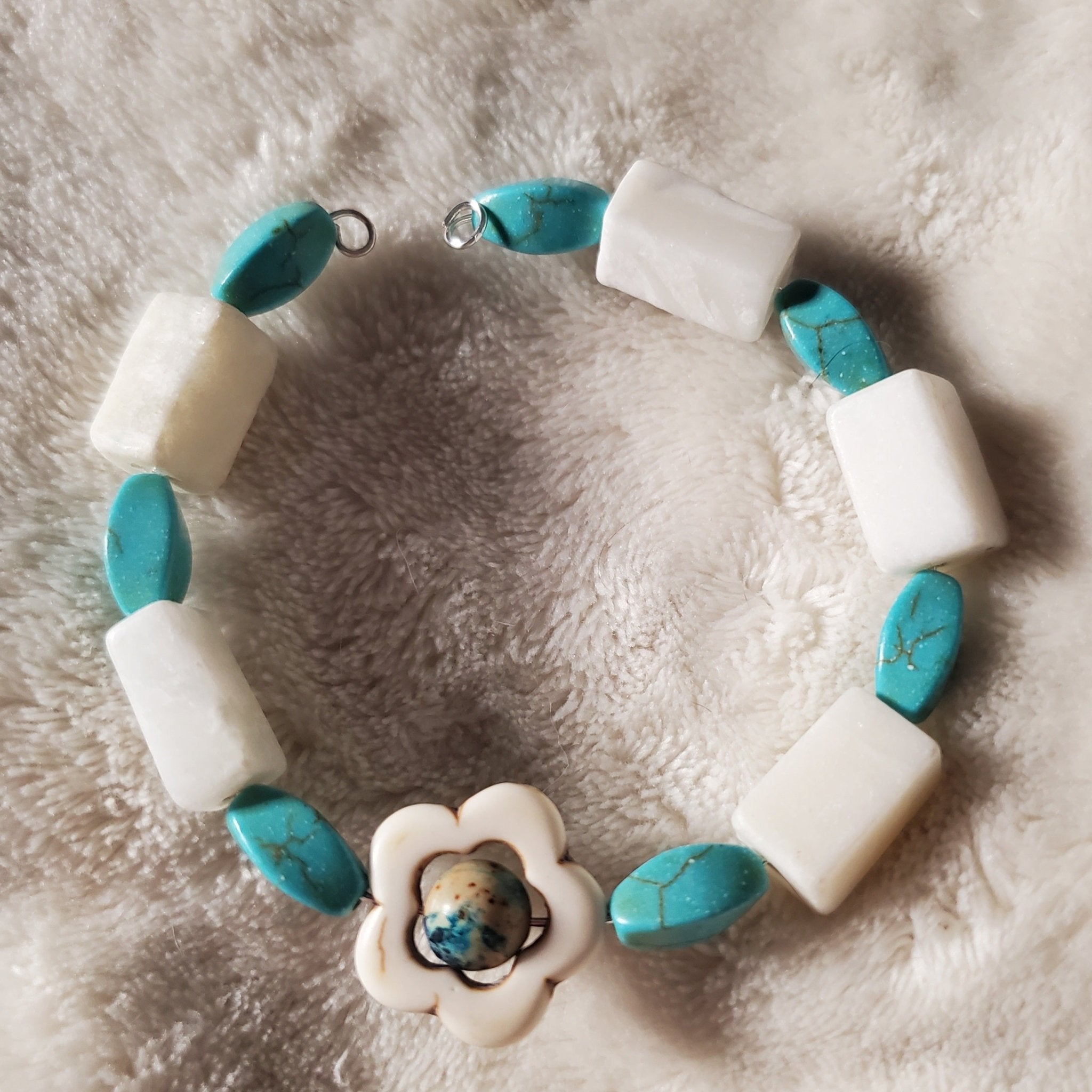 White Stone Flower Bracelet - Turquoise Edition (MW) | Mamabug ReCreations - Artisan Jewelry