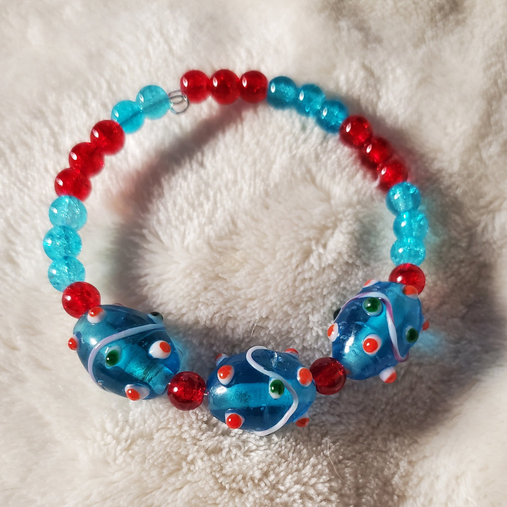 Blue and Red Lampwork Beaded Bracelet (MW)