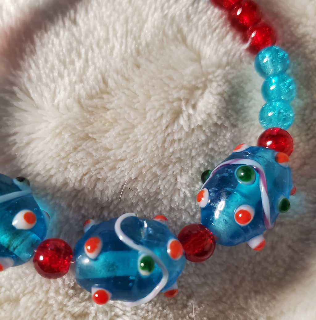 Blue and Red Lampwork Beaded Bracelet (MW)