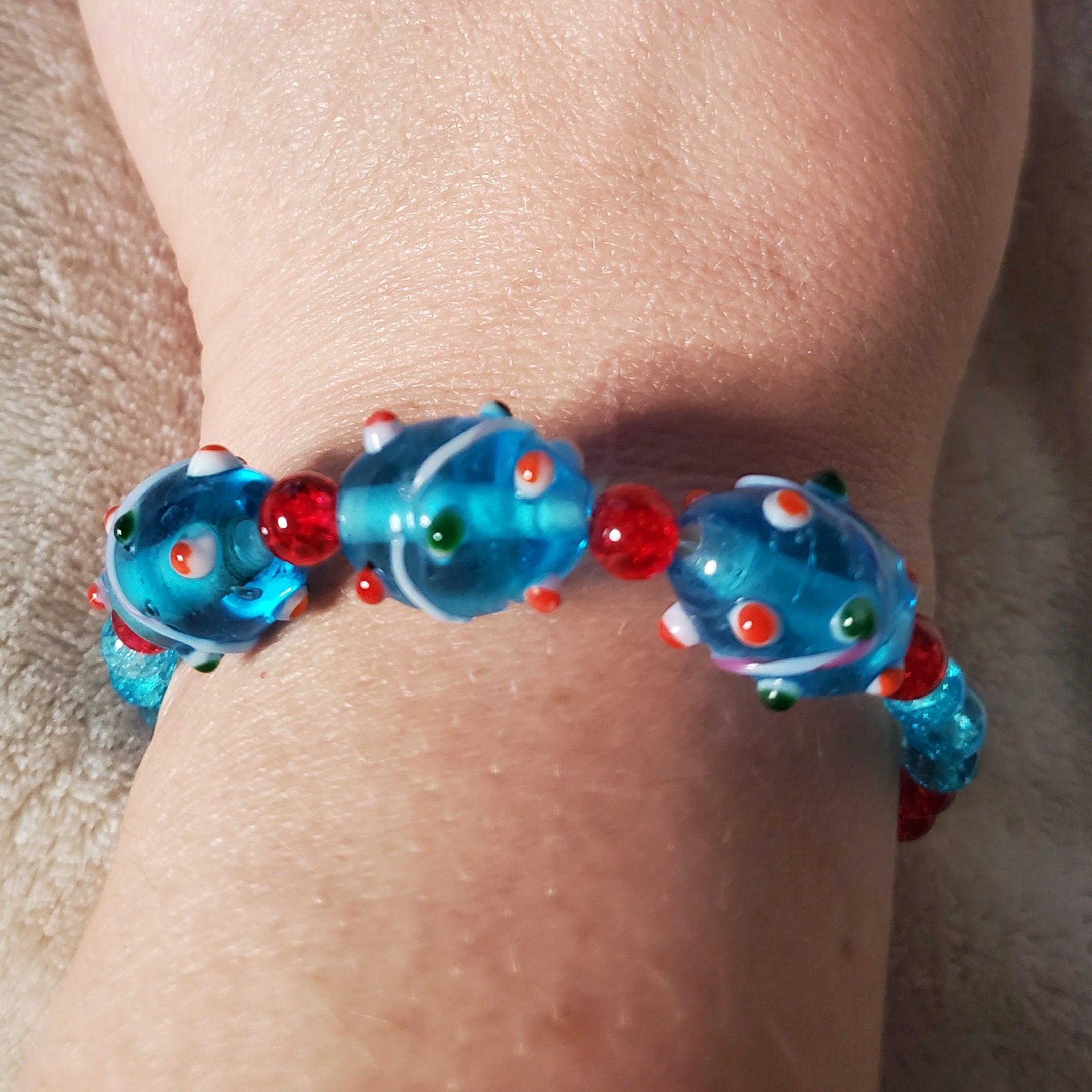 Blue and Red Lampwork Beaded Bracelet (MW)