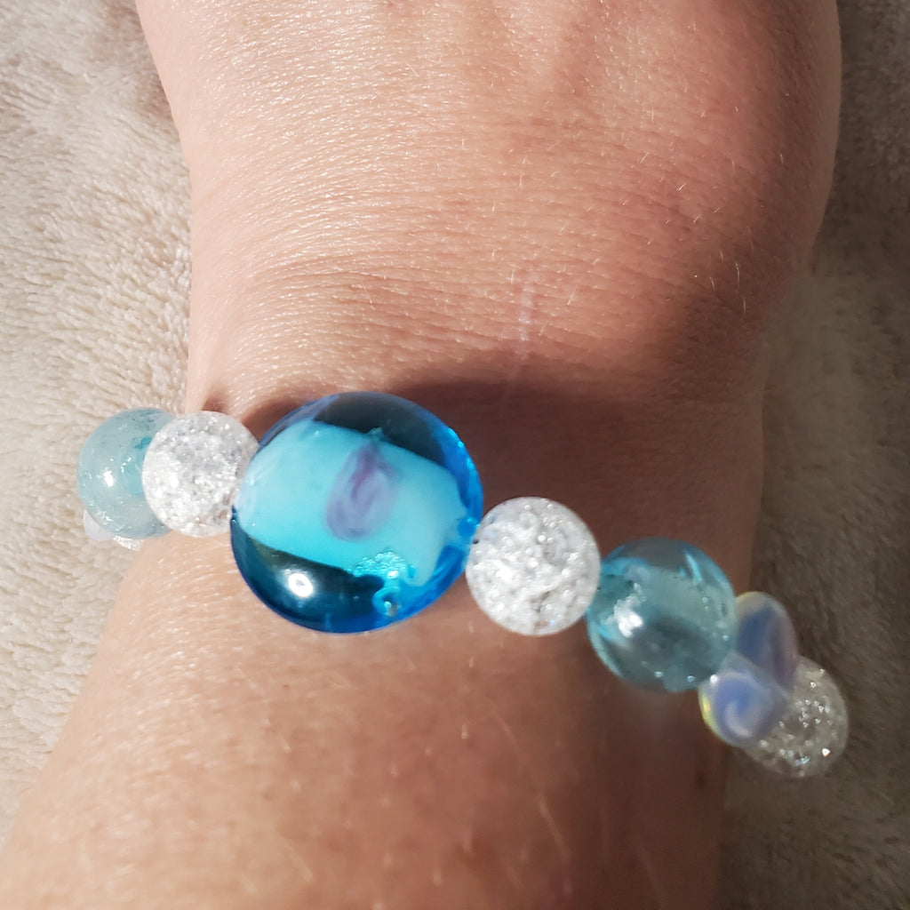 Blue and White Lampwork Beaded Bracelet (MW)