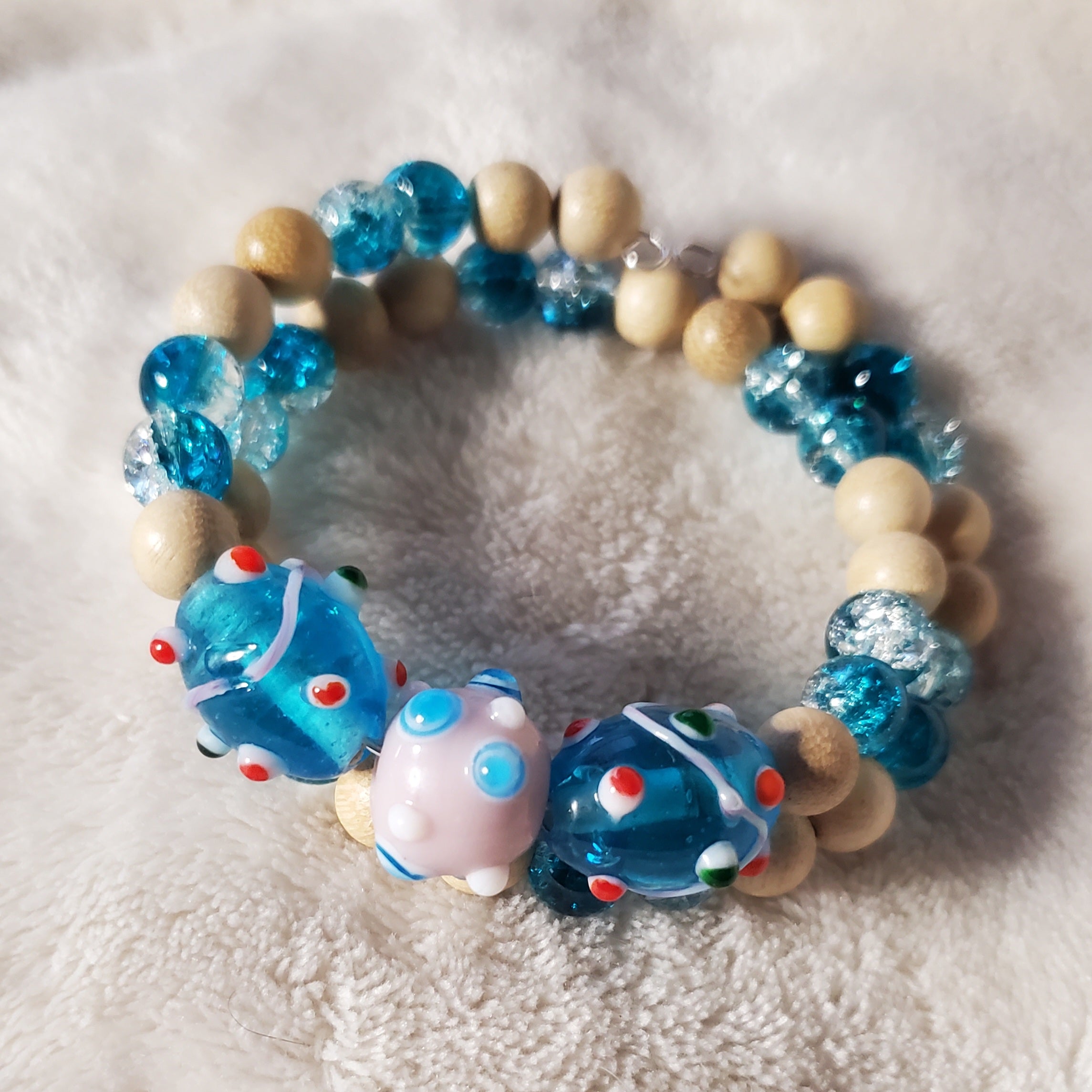 Blue and Pink Lampwork Beaded Bracelet (MW)