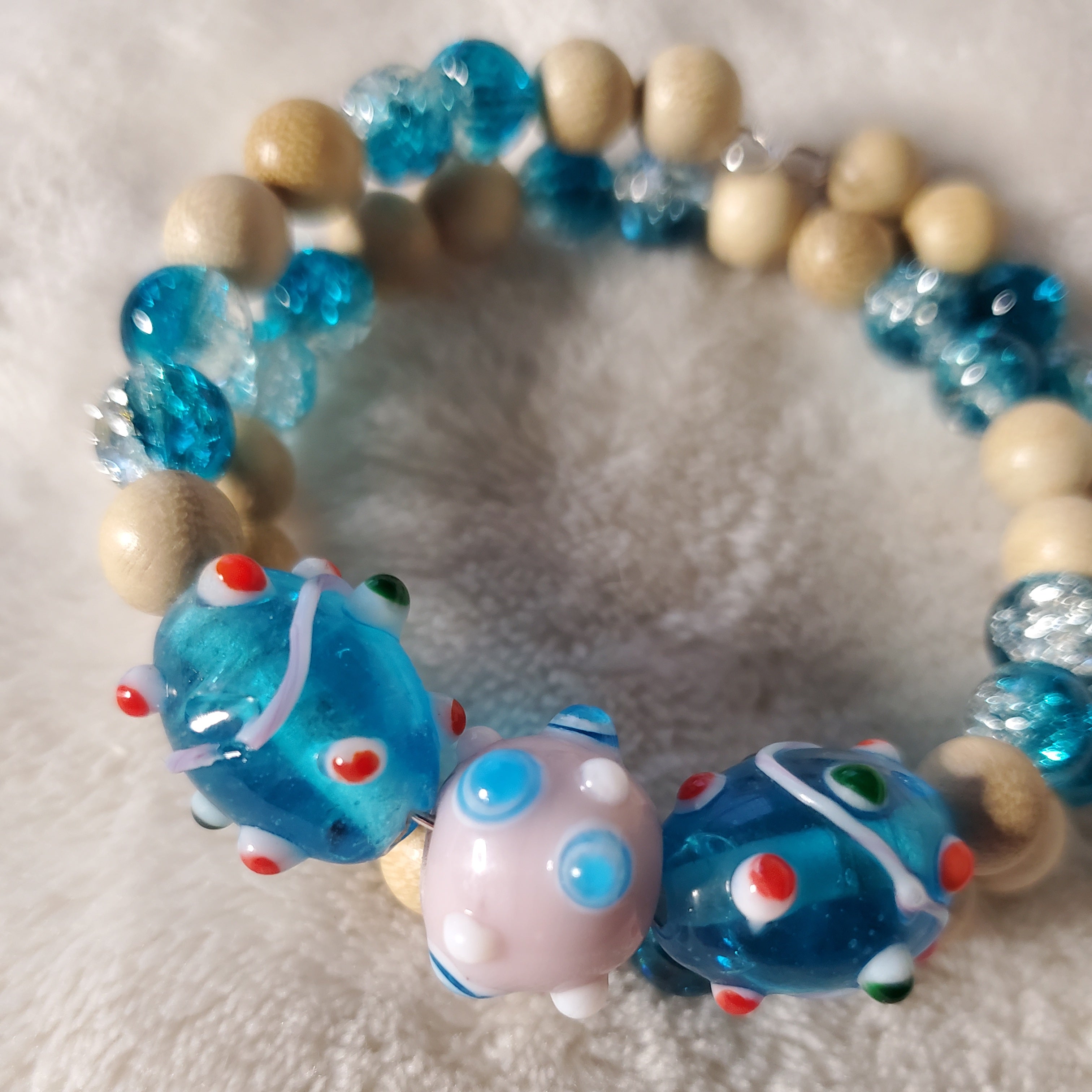 Blue and Pink Lampwork Beaded Bracelet (MW)