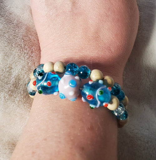 Blue and Pink Lampwork Beaded Bracelet (MW) | Mamabug ReCreations - Artisan Jewelry