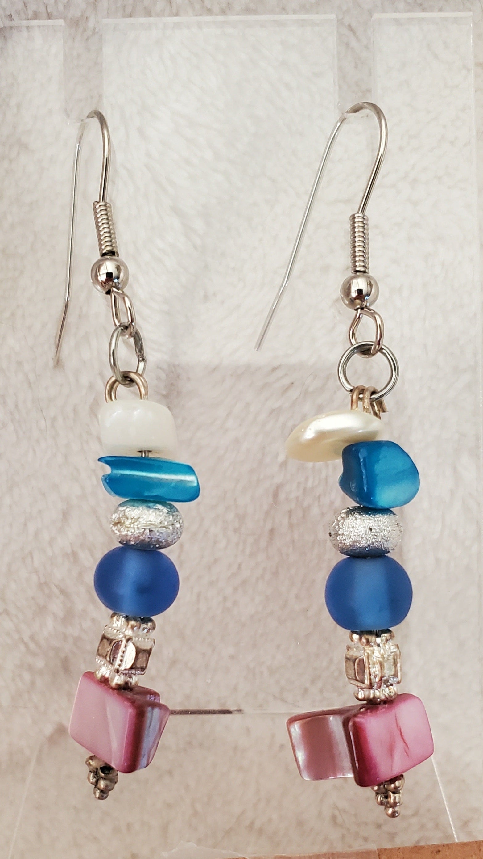 Blue and Pink Stacked Beads Earrings