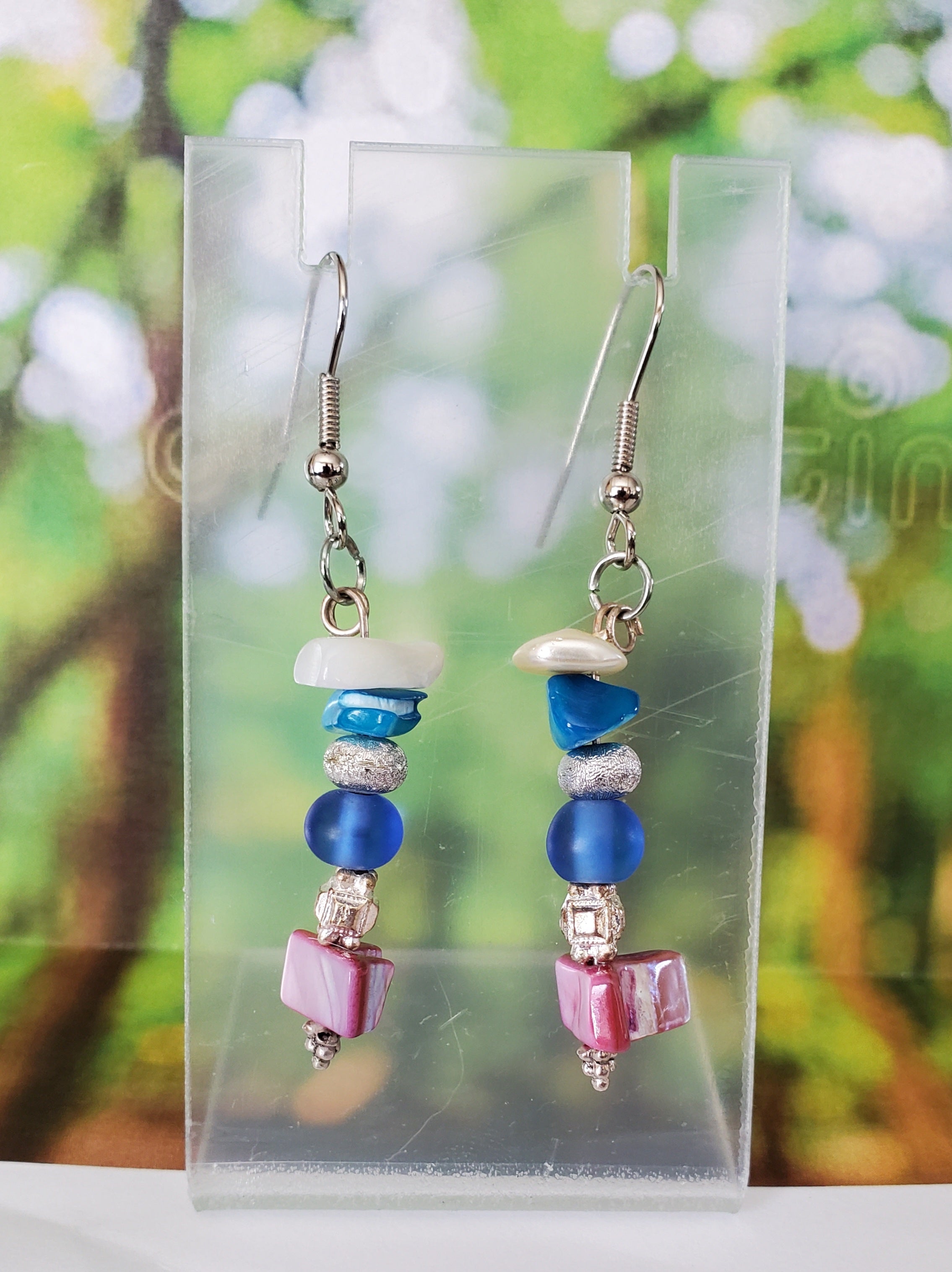 Blue and Pink Stacked Beads Earrings