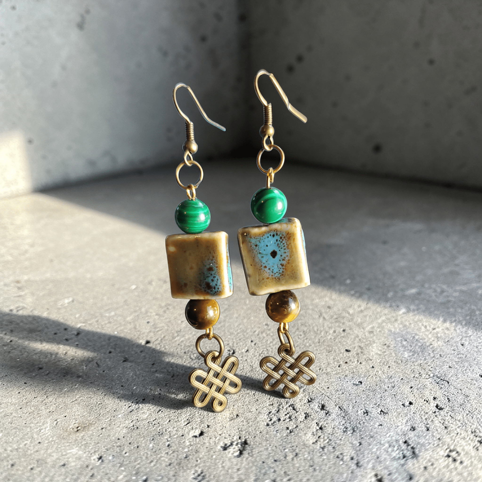 Mottled Porcelain with Antique Bronze Celtic Knot Earrings