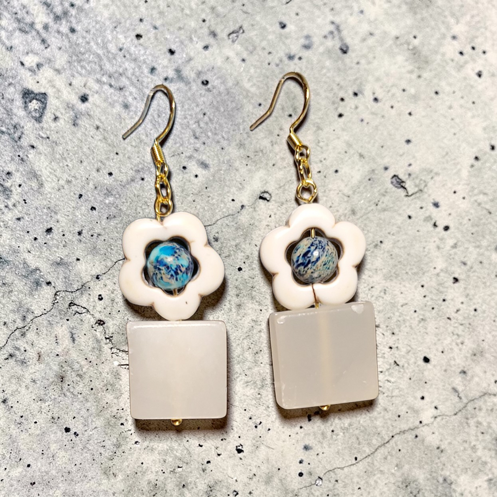 Blue and White Stone Flower Earrings