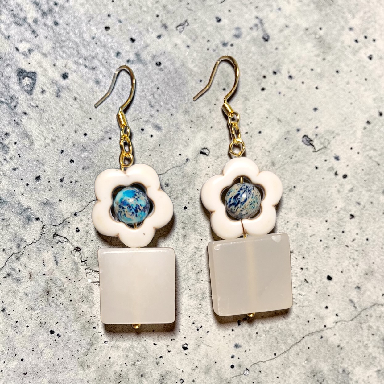 Blue and White Stone Flower Earrings