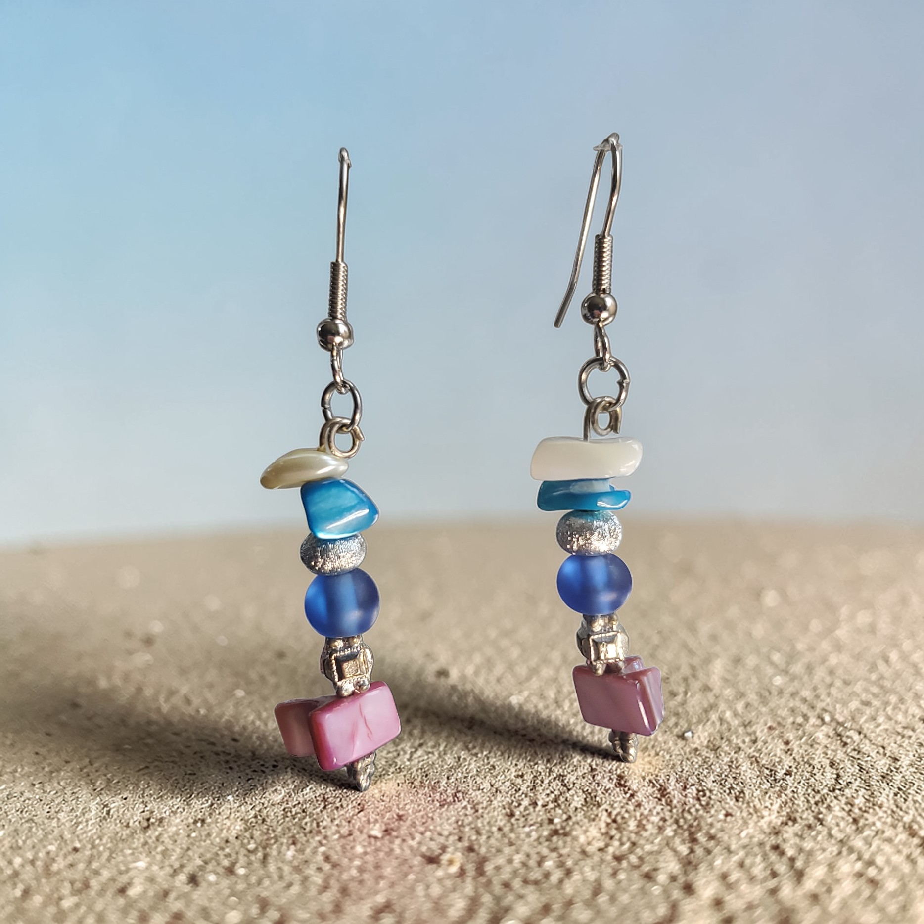 Blue and Pink Stacked Beads Earrings