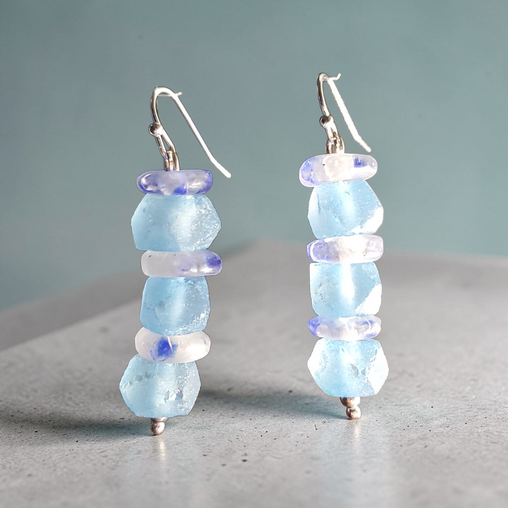 Light Blue and White Recycled Glass Earrings
