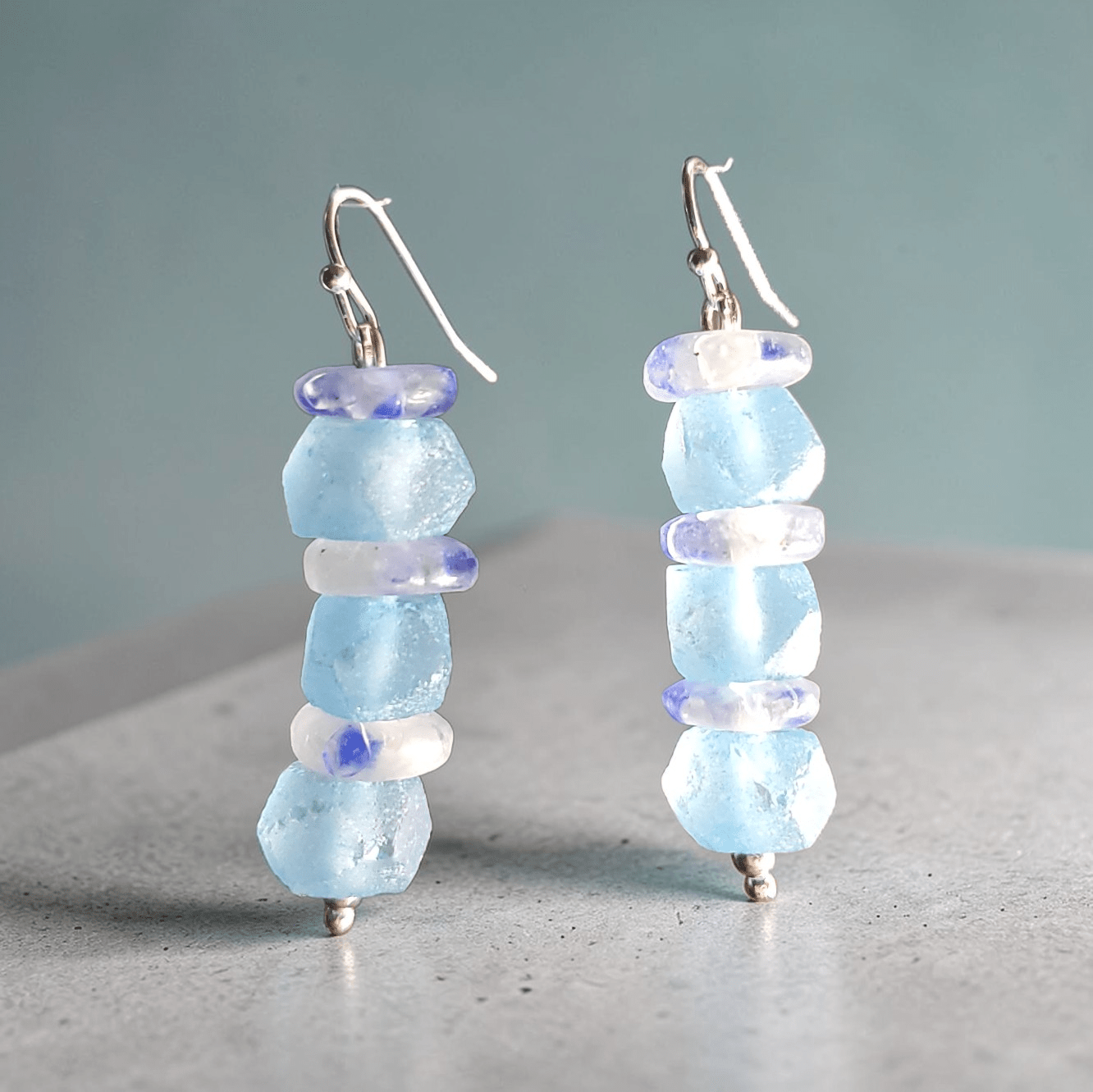 Light Blue and White Recycled Glass Earrings