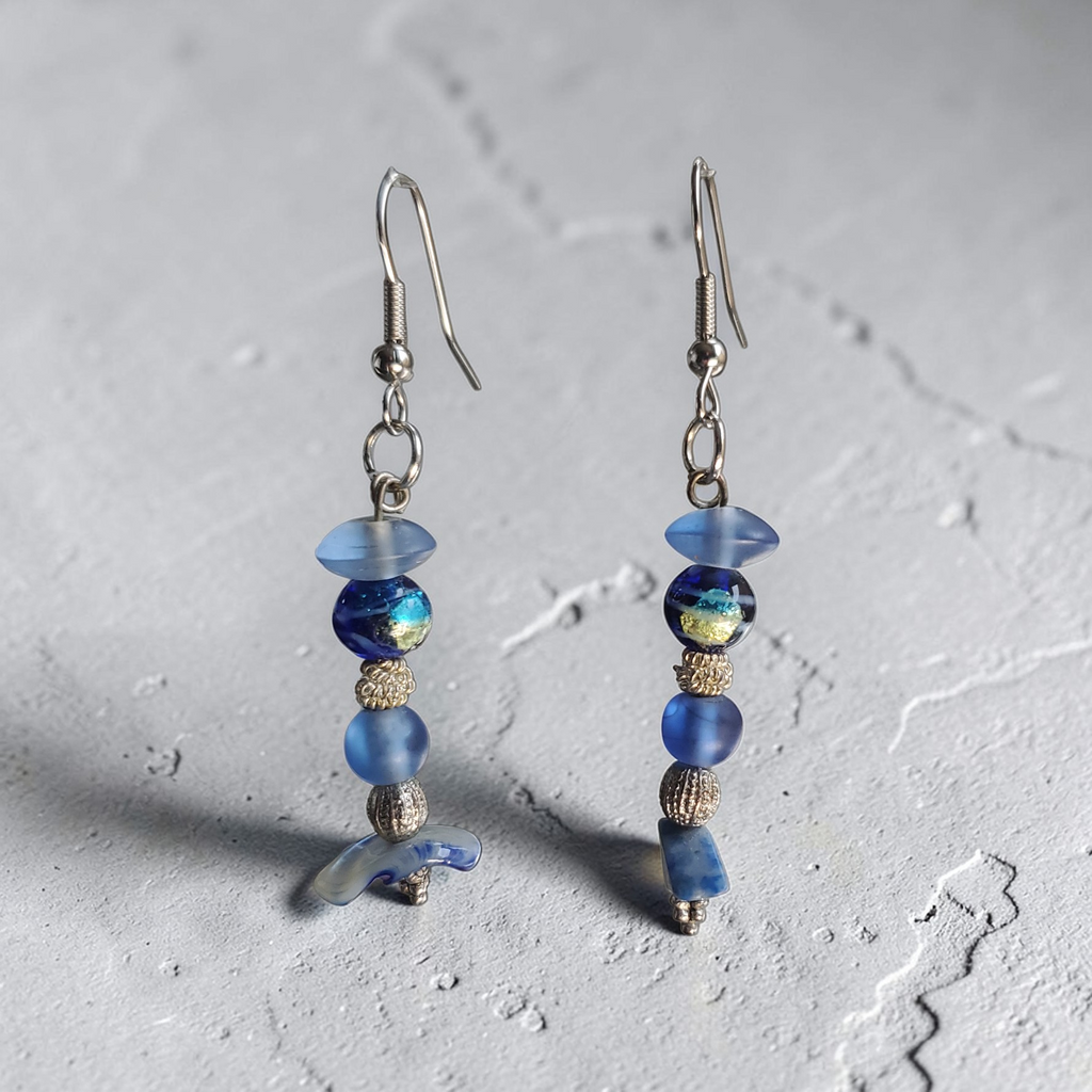 Blue and Silver Stacked Beads Earrings