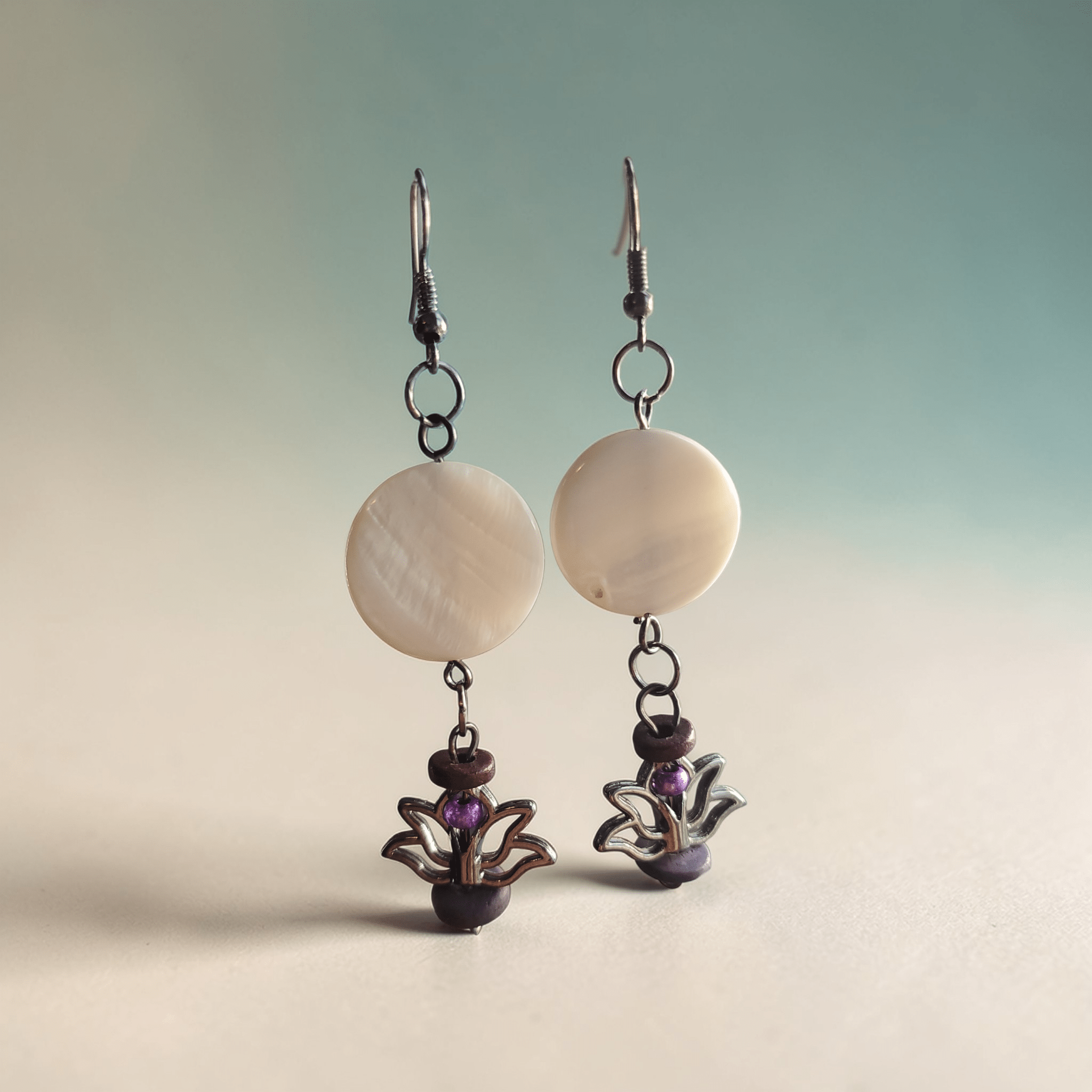 Purple Lotus and Mother of Pearl Earrings