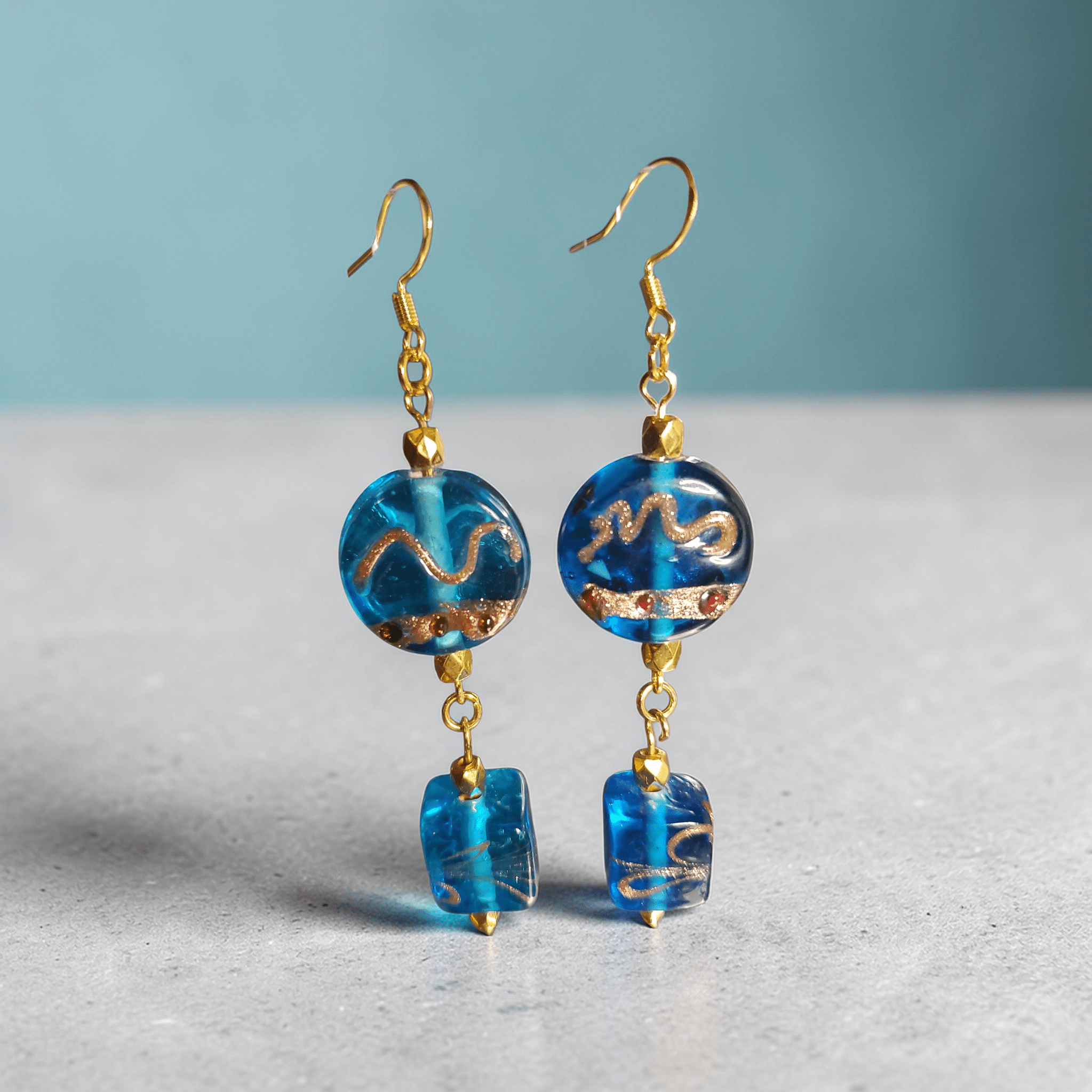 Blue and Gold Lampwork Earrings