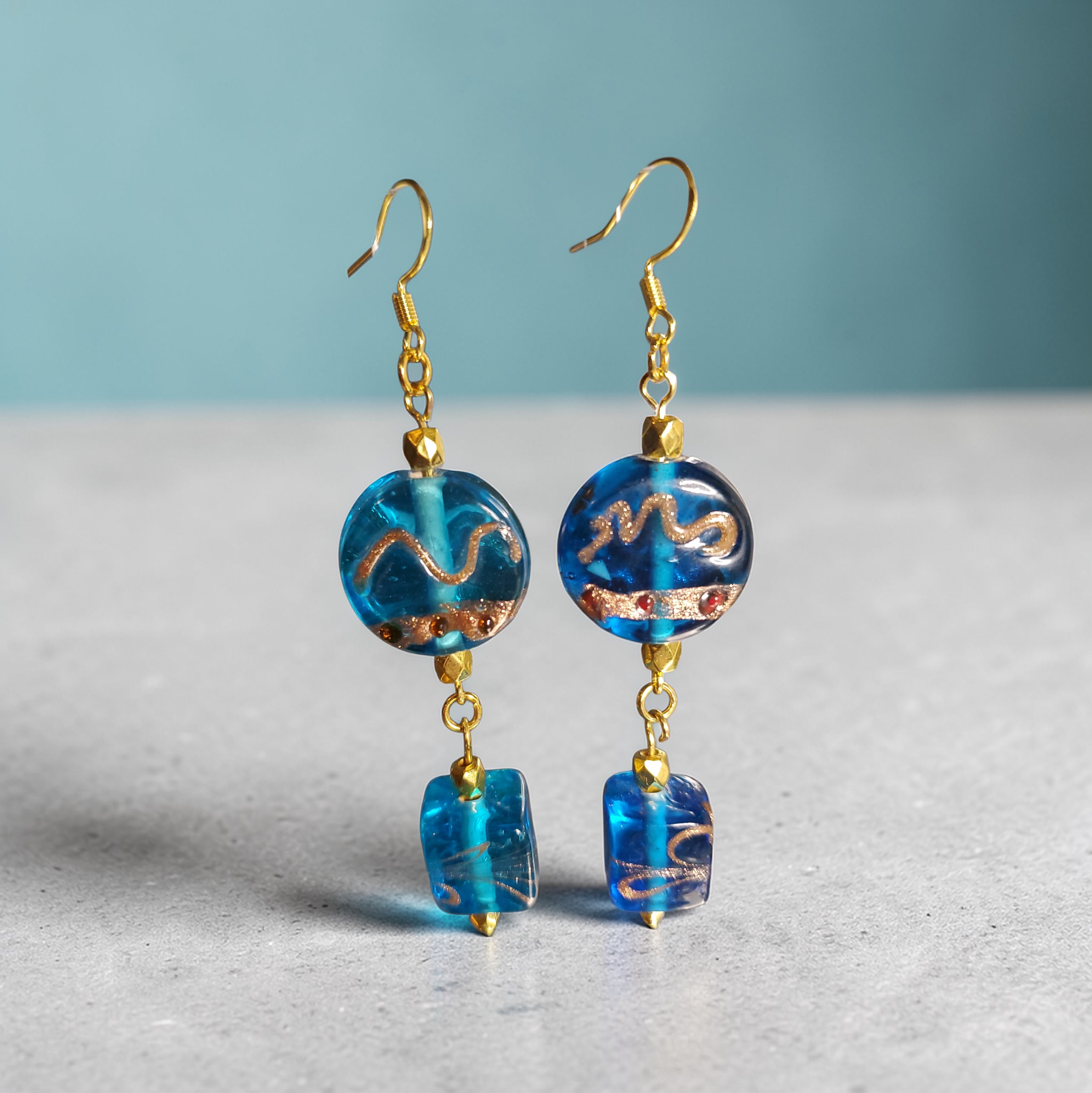 Blue and Gold Lampwork Earrings