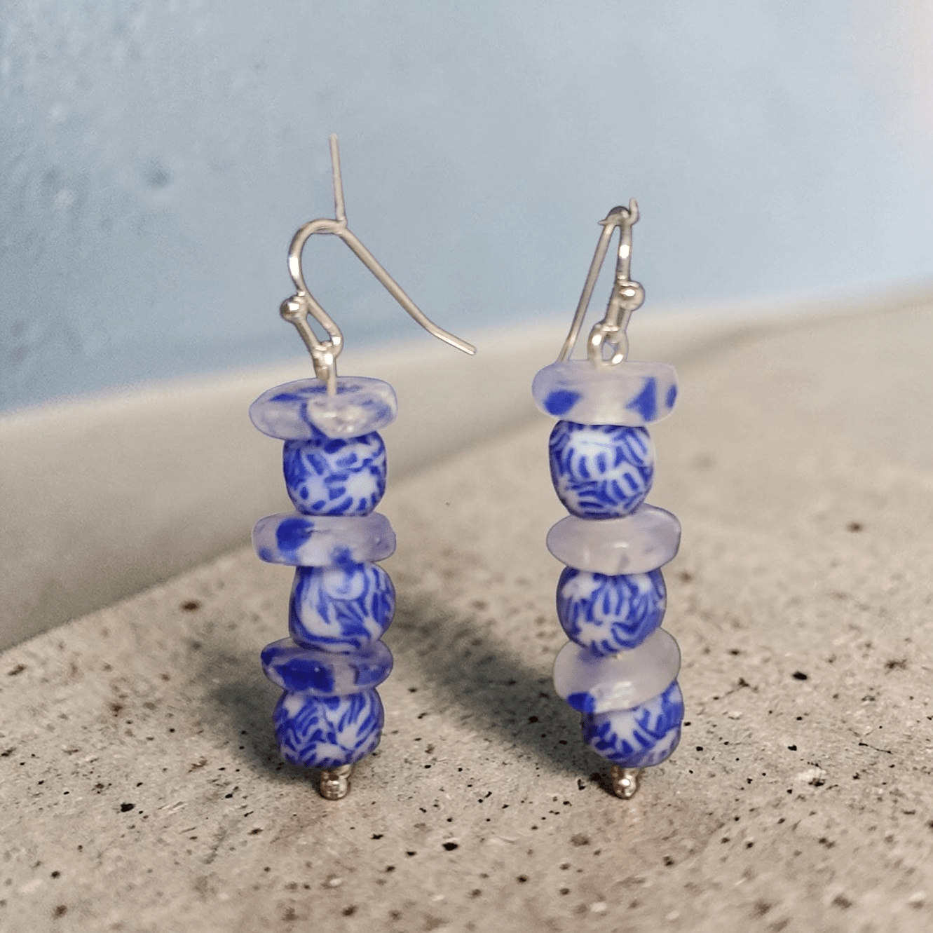 Fused Blue and White Recycled Glass Earrings
