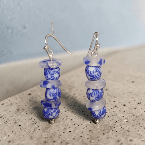Fused Blue and White Recycled Glass Earrings | Mamabug ReCreations - Artisan Jewelry