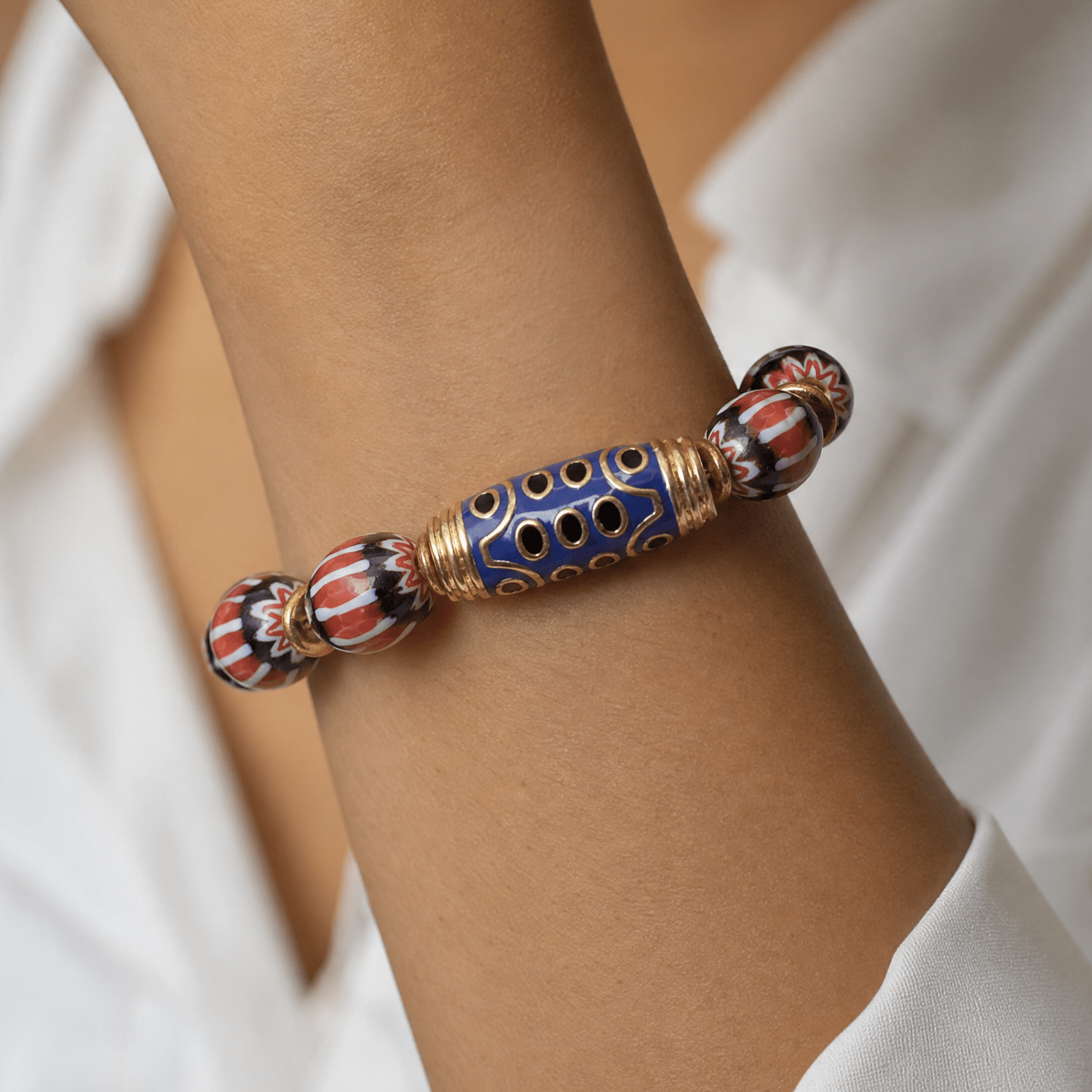 African Chevron Recycled Glass with Blue Barrel Bracelet (MW) | Mamabug ReCreations - Artisan Jewelry