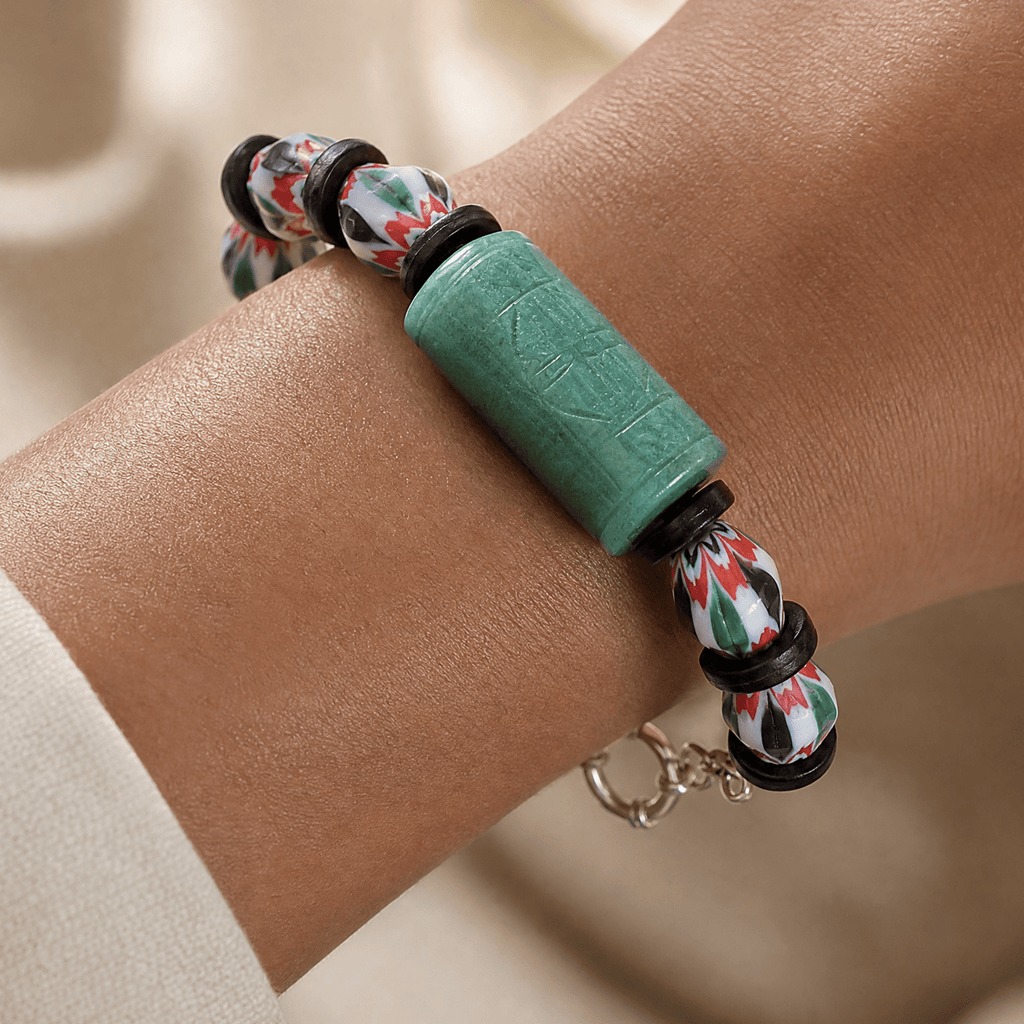 Green Jade and African Chevron Beads Bracelet (W)